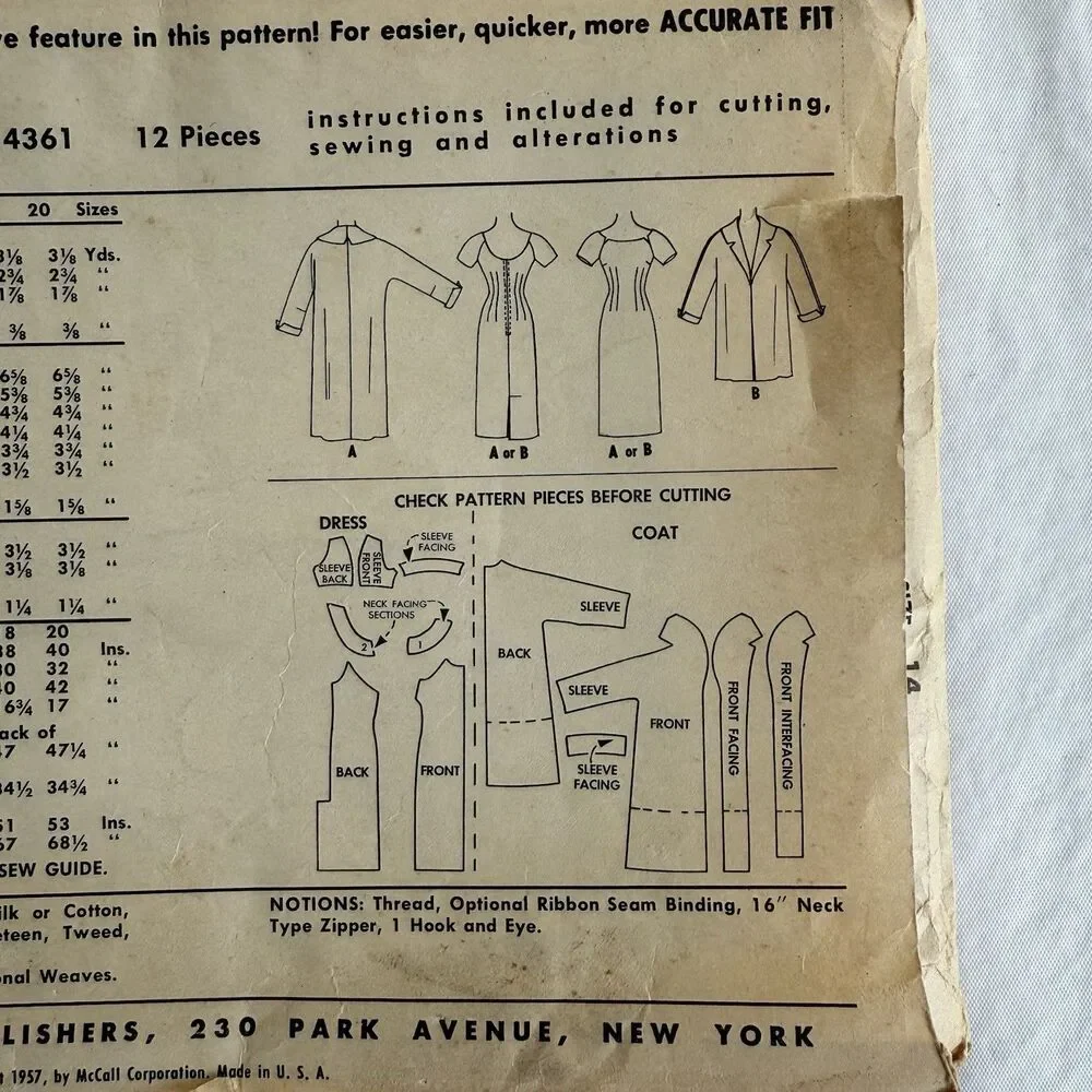 Vtg 50s McCalls 4361 Sewing Pattern  Dress Coat Jacket Sz 14 Bust 34